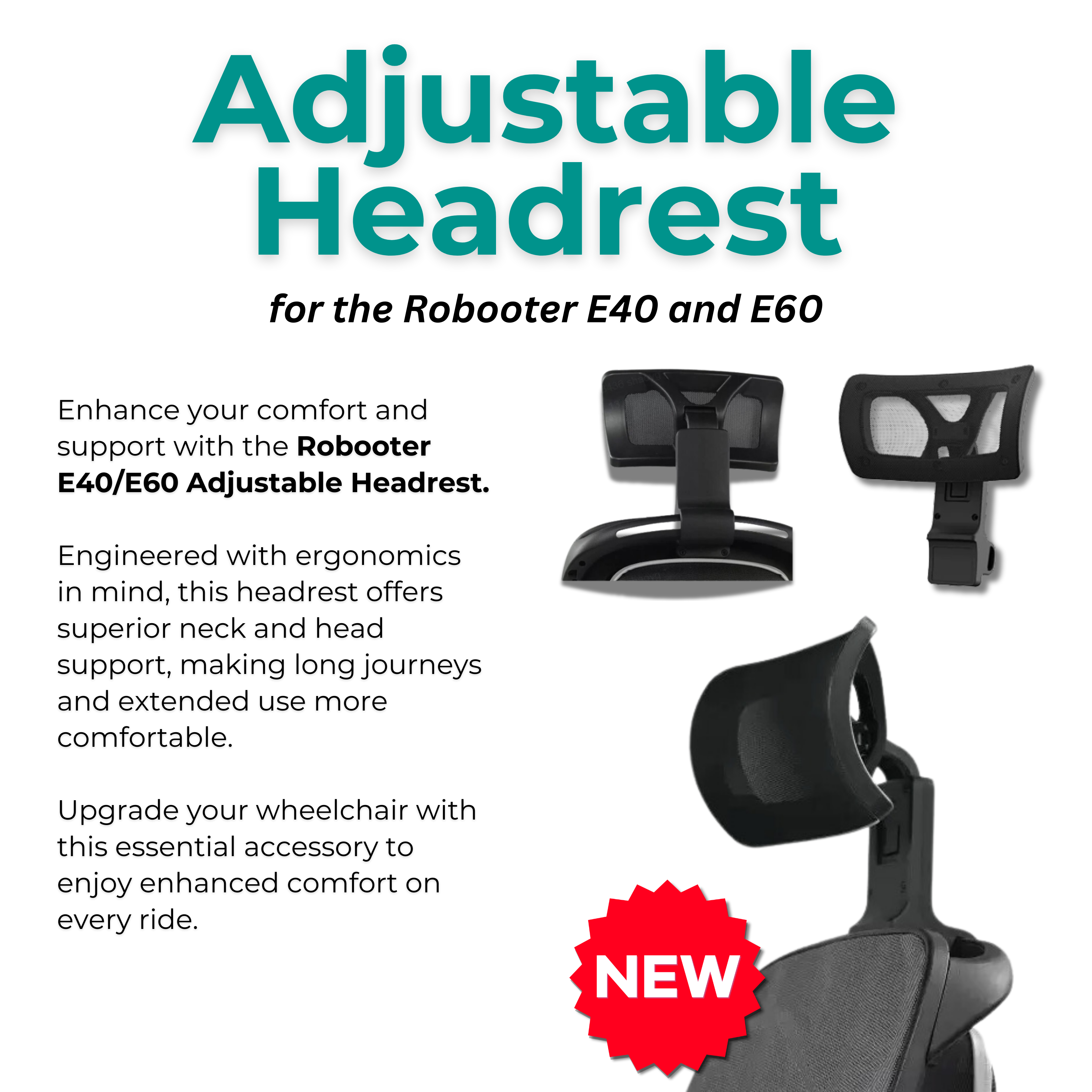 Informational graphic detailing the multi-axis adjustability and flexible positioning of the Robooter Detachable Headrest for E40 and E60 wheelchairs.